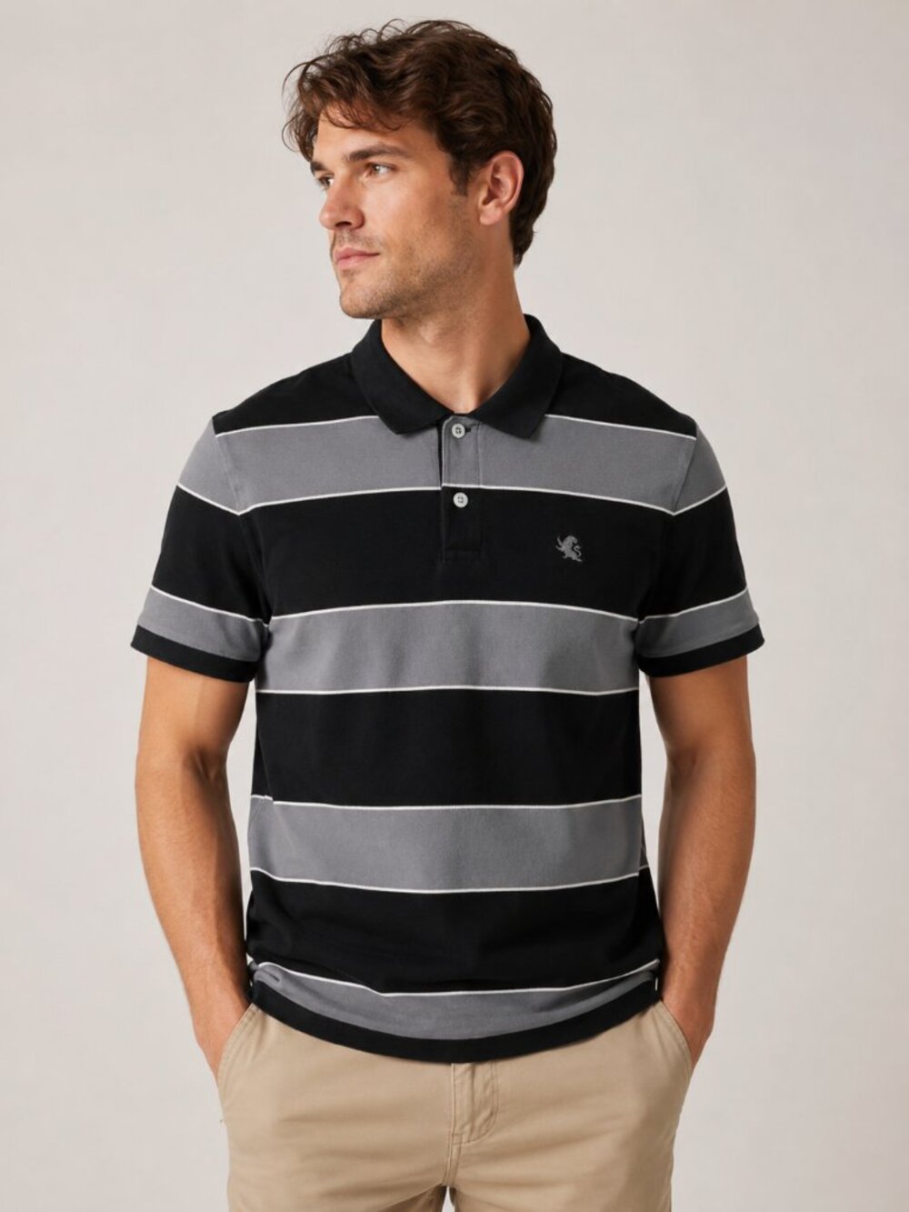 Express Men's Medium Black Gray White Stripe Polo Shirt 100% Cotton Short Sleeve
